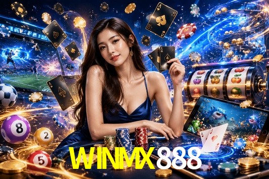 Una escena digital vívida inspirada en casino con WINMX888 mostrado prominentemente, luces brillantes, fichas, cartas y acentos dorados.